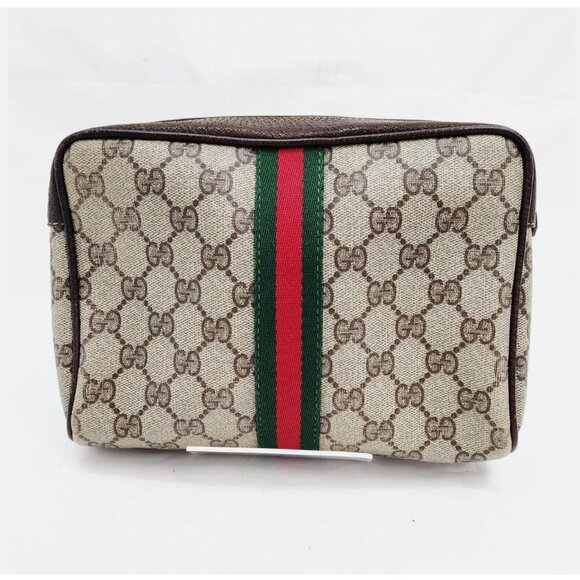 Vintage Gucci Clutch Bag Green and Red Sherry Line Brown PVC UNISEX - Picture 1 of 9